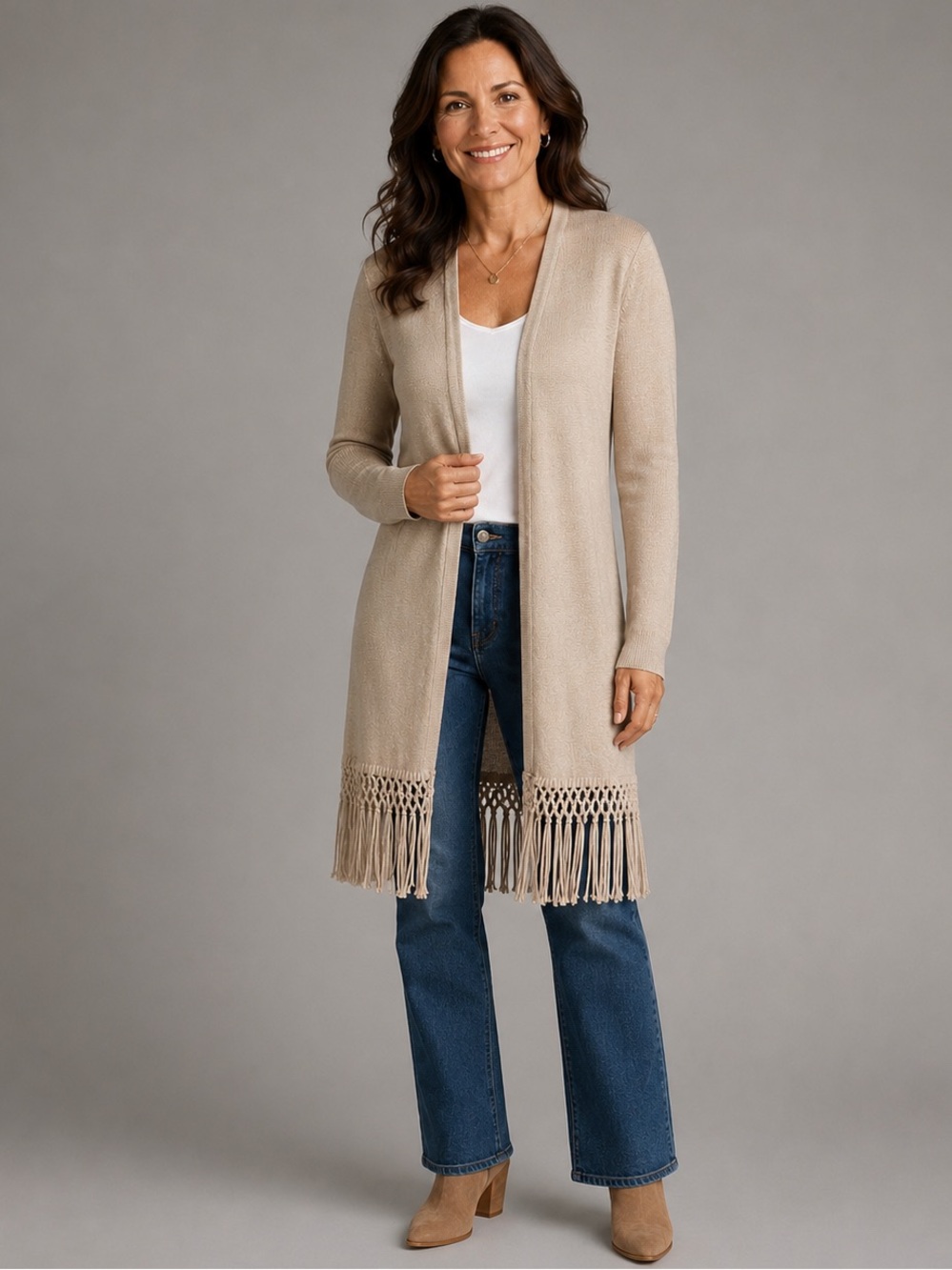 White House Black Market Fringe Hem Open Front Duster Cardigan Size Small